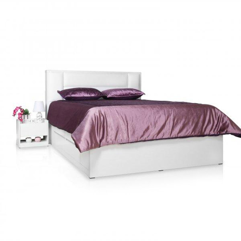 سرویس و تخت خواب چوبی دو نفره سفید با تاج لمسه سایز 160 کویین با پاتختی و میز آرایش
