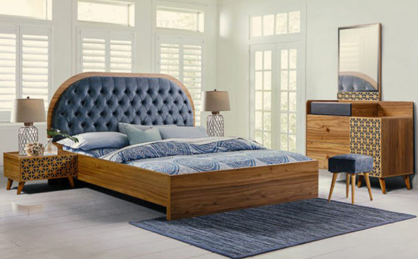 سرویس و تخت خواب پارچه ای و چوبی قهوه ای سرمه ای دو نفره سایز 160 کویین با میز آرایش و پاتختی