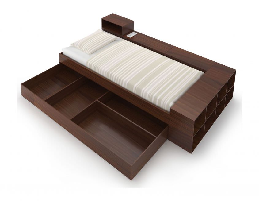 تخت خواب چوبی یک نفره ملامینه فندقی کشودار و قفسه دار سایز 90