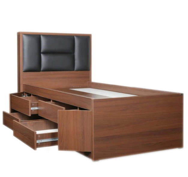 تخت خواب چوبی یک نفره قهوه ای با تاج لمسه و کشودار سایز 90
