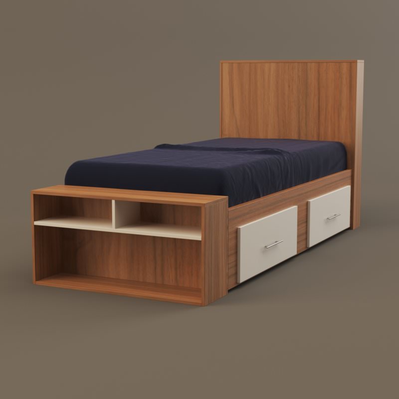 تخت خواب چوبی یک نفره قهوه ای سفید قفسه دار و کشودار سایز 90