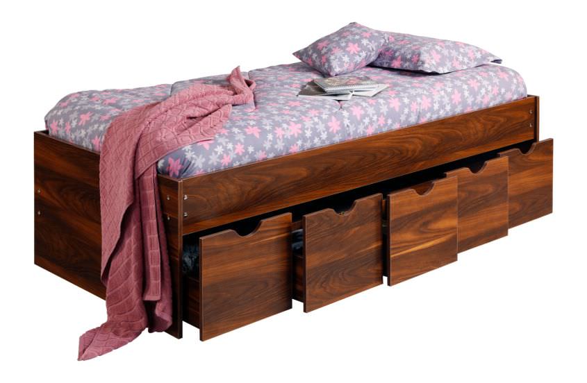 تخت خواب کشودار یک نفره چوبی ام دی اف قهوه ای تیره مدرن سایز 90 بلج