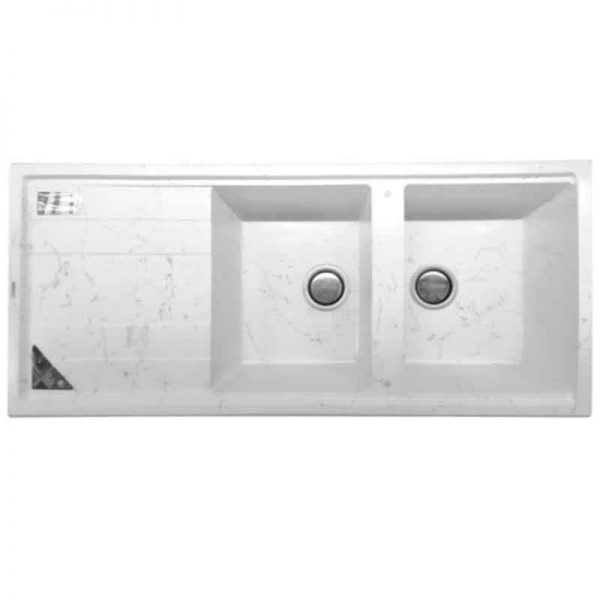 سینک ظرفشویی مدرن گرانتی توکار سفید طرح سنگ پارادایز دو لگنه چپ و راست با سینی و عرض 50 و طول 116 سانتیمتر