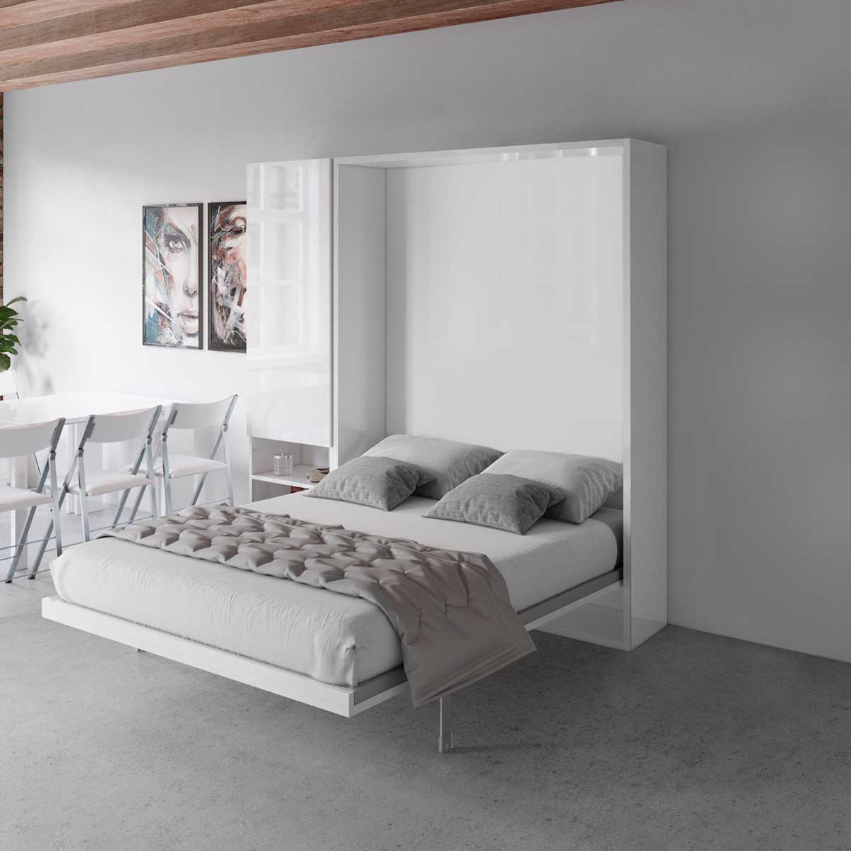 تخت خواب تاشو سفید مینیمال چوبی دو نفره