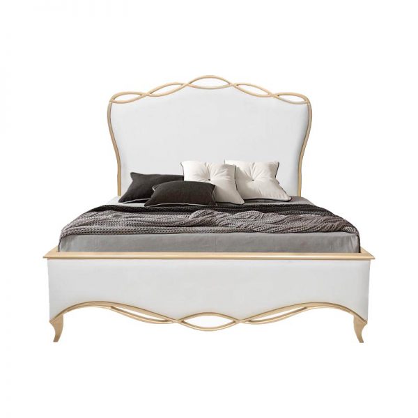 سرویس و تخت خواب دو نفره چوبی پارچه ای طلایی سفید نئوکلاسیک دارای پاتختی و میز آرایش و آینه و در رنگبندی متنوع