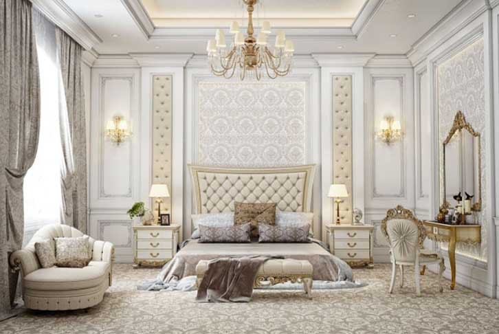 تخت خواب نئوکلاسیک دو نفره با تاج لمسه و ارتفاع کوتاه سفید طلایی