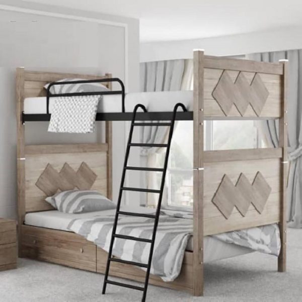 تخت خواب دو طبقه کشودار ساده ام دی اف چوبی کرم مدرن، در سایز 90 در 200 مخصوص نوجوان و جوان و بزرگسال و در قیمت ارزان
