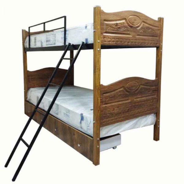 تخت خواب دو طبقه کشودار ساده ام دی اف چوبی قهوه ای نئوکلاسیک، در سایز 90 در 200 مخصوص نوجوان و جوان و بزرگسال و در قیمت ارزان