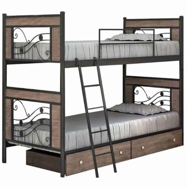تخت خواب دو طبقه کشودار ساده فلزی قهوه ای مدرن، در سایز 90 در 200 مخصوص نوجوان و جوان و بزرگسال و در قیمت ارزان