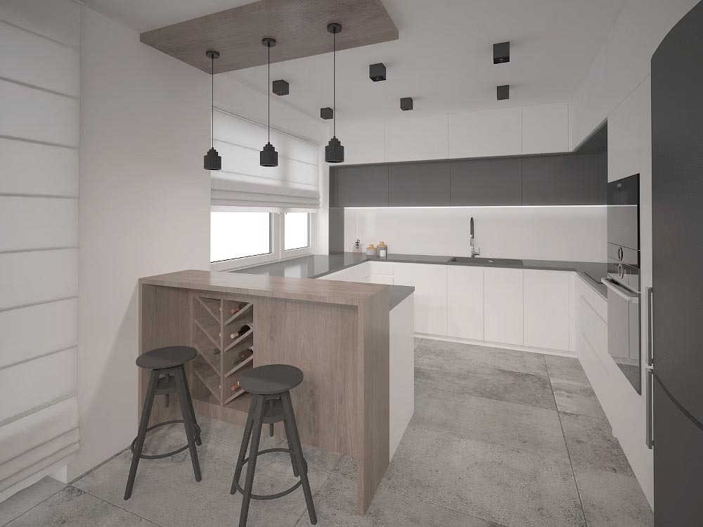 کابینت سفید طوسی مات در آشپزخانه مدرن با بین کابینتی سفید و روکابینتی طوسی