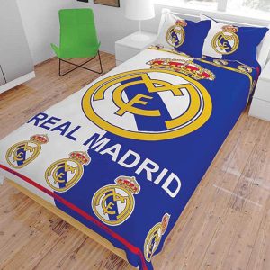 ست سرویس روتختی پسرانه یک نفره فانتزی فوتبالی، در رنگ آبی سفید و مدل طرح باشگاه رئال مادرید، شامل لحاف، روکش لحاف، روتشکی و روبالشی