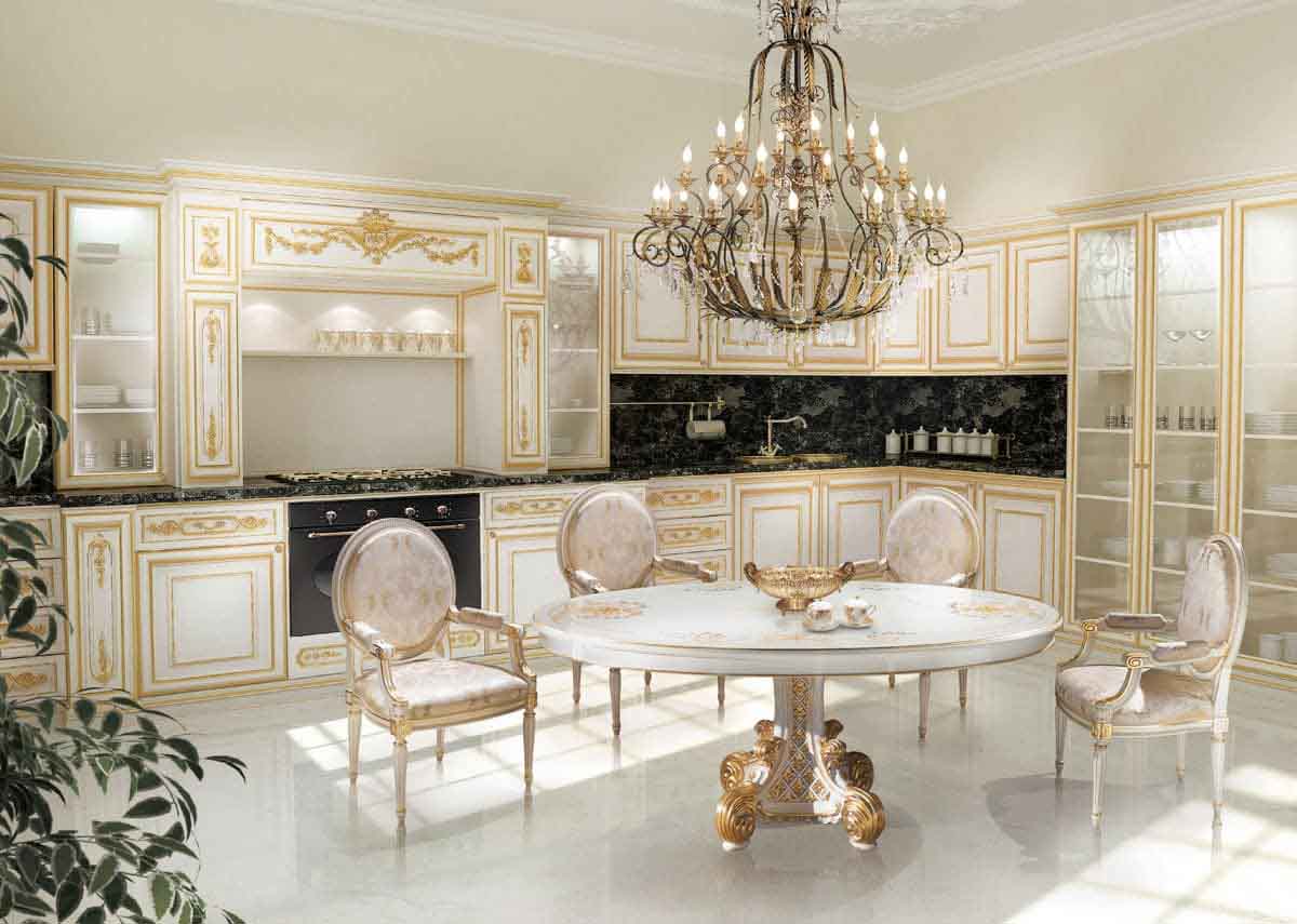 کابینت سفید طلایی مات در آشپزخانه نئوکلاسیک لوکس بزرگ
