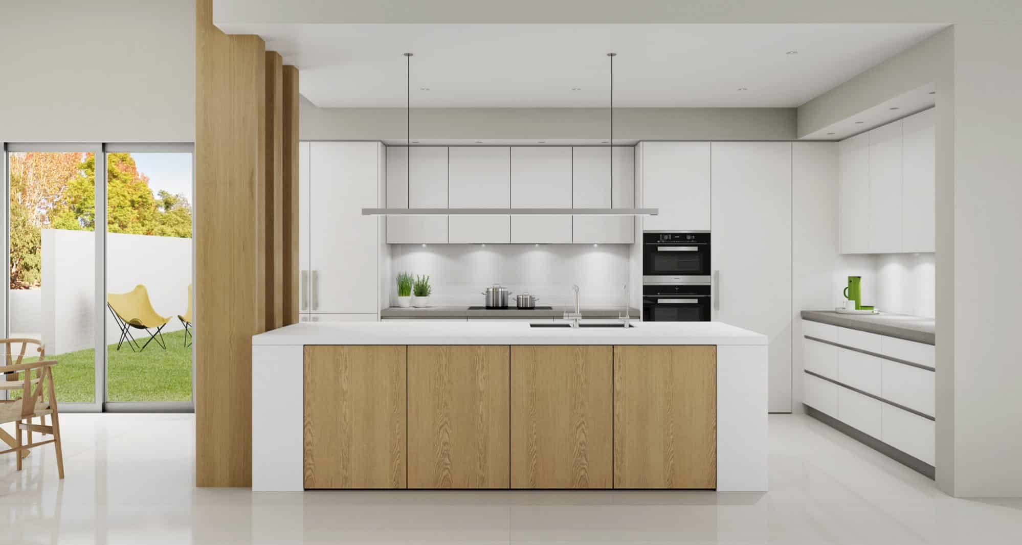 کابینت سفید و رنگ چوب روشن مات در آشپزخانه مدرن اپن