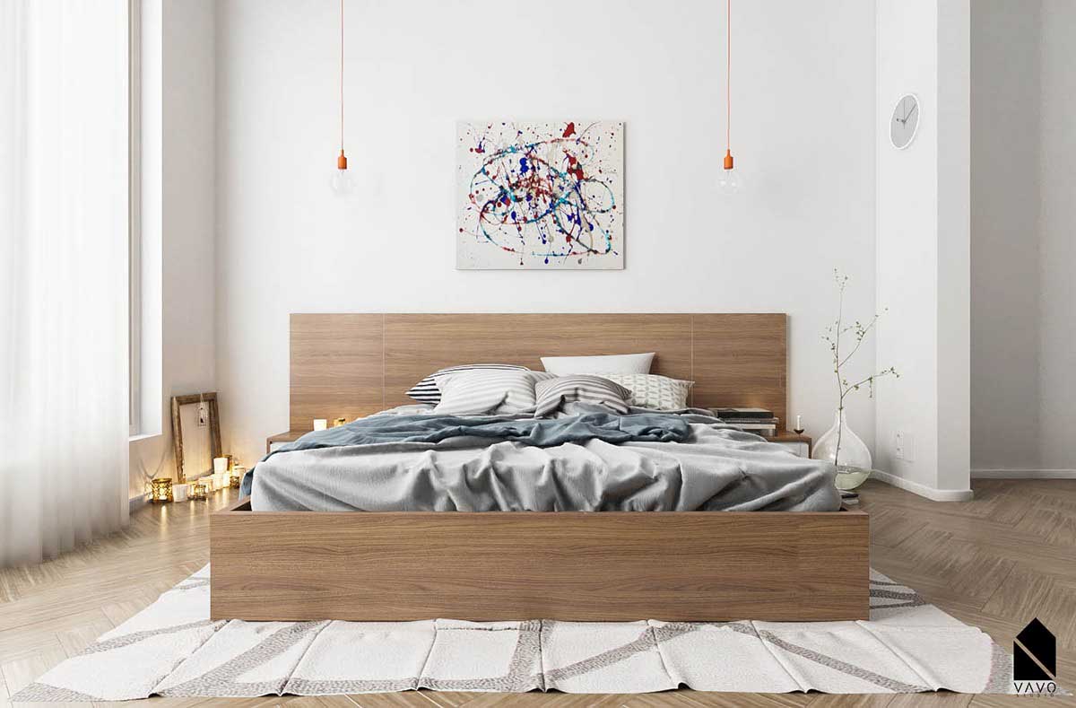 دکوراسیون اتاق خواب مینیمال سفید با تخت ساده چوبی و آباژورهای سقفی
