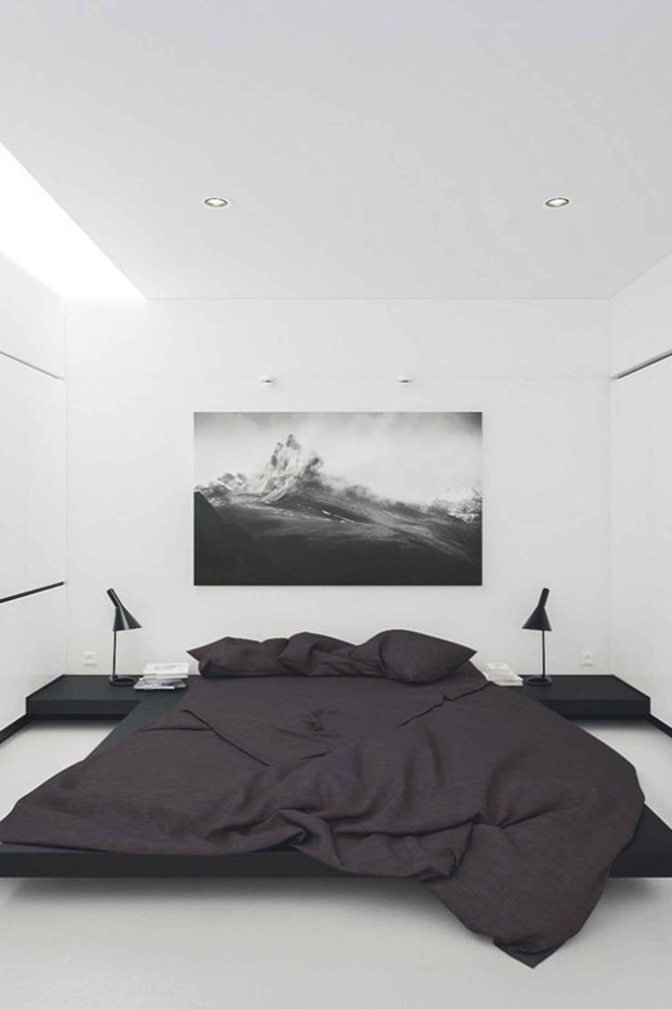 دکواسیون اتاق خواب مینیمال سفید با تخت مشکی و روتختی طوسی