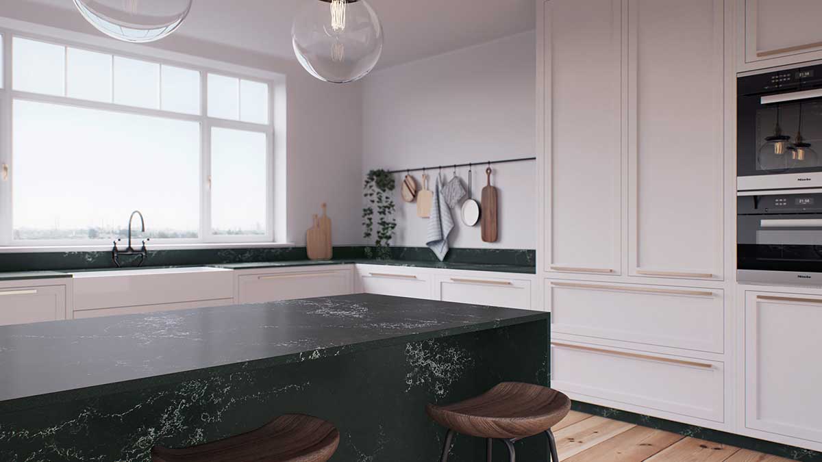 رنگ مشکی صفحه روی کابینت سفید در آشپزخانه مدرن جزیره دار