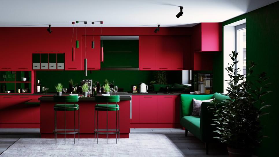 کابینت قرمز سیر ام دی اف مات در دکوراسیون آشپزخانه مدرن با بین کابینتی سبز