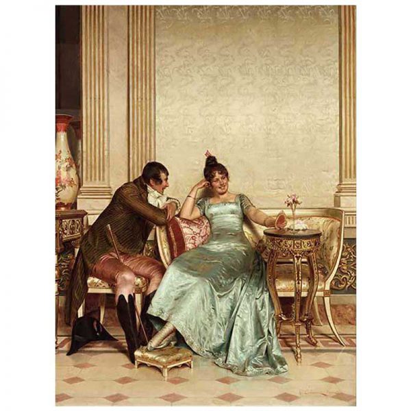 قیمت و خرید تابلو نقاشی کلاسیک یک تکه، طرح زن و شوالیه در رنگ کرم و سبز، جنس مخمل، مخصوص نصب روی دیوار