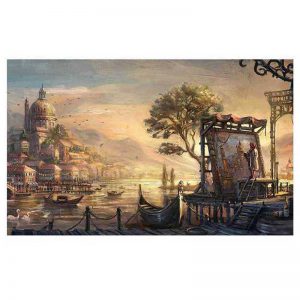 قیمت و خرید تابلو نقاشی کلاسیک یک تکه، طرح رودخانه و کلیسای سنت پل در رنگ سفید و آبی و طوسی، جنس مخمل، مخصوص نصب روی دیوار