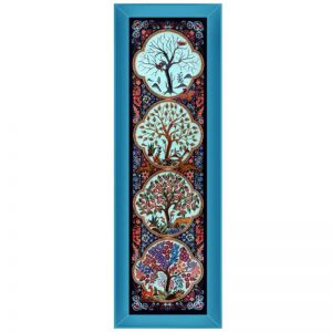 قیمت و خرید تابلو فرش دستباف قم ابریشمی طرح چهار فصل با تراکم 70 رج، دارای قاب در رنگ آبی، مخصوص نصب روی دیوار