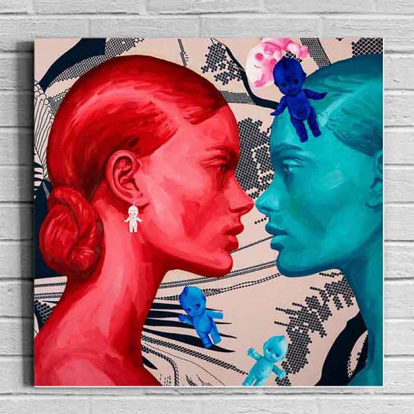 قیمت و خرید تابلو دکوراتیو مدرن نقاشی یک تکه، طرح چهره زن در رنگ آبی و قرمز، جنس بوم، مخصوص نصب روی دیوار