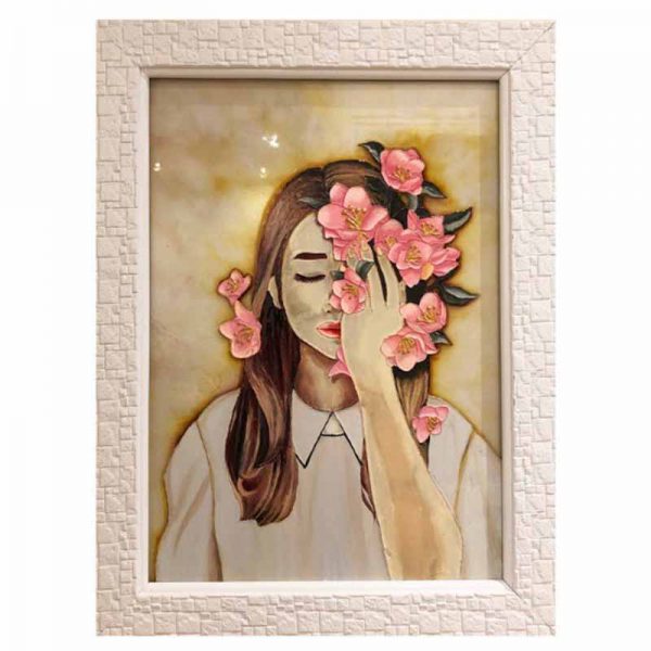 قیمت و خرید تابلو ویترای نقاشی روی شیشه یک تکه، طرح دختر رویایی در رنگ قهوه ای و صورتی، مخصوص نصب روی دیوار