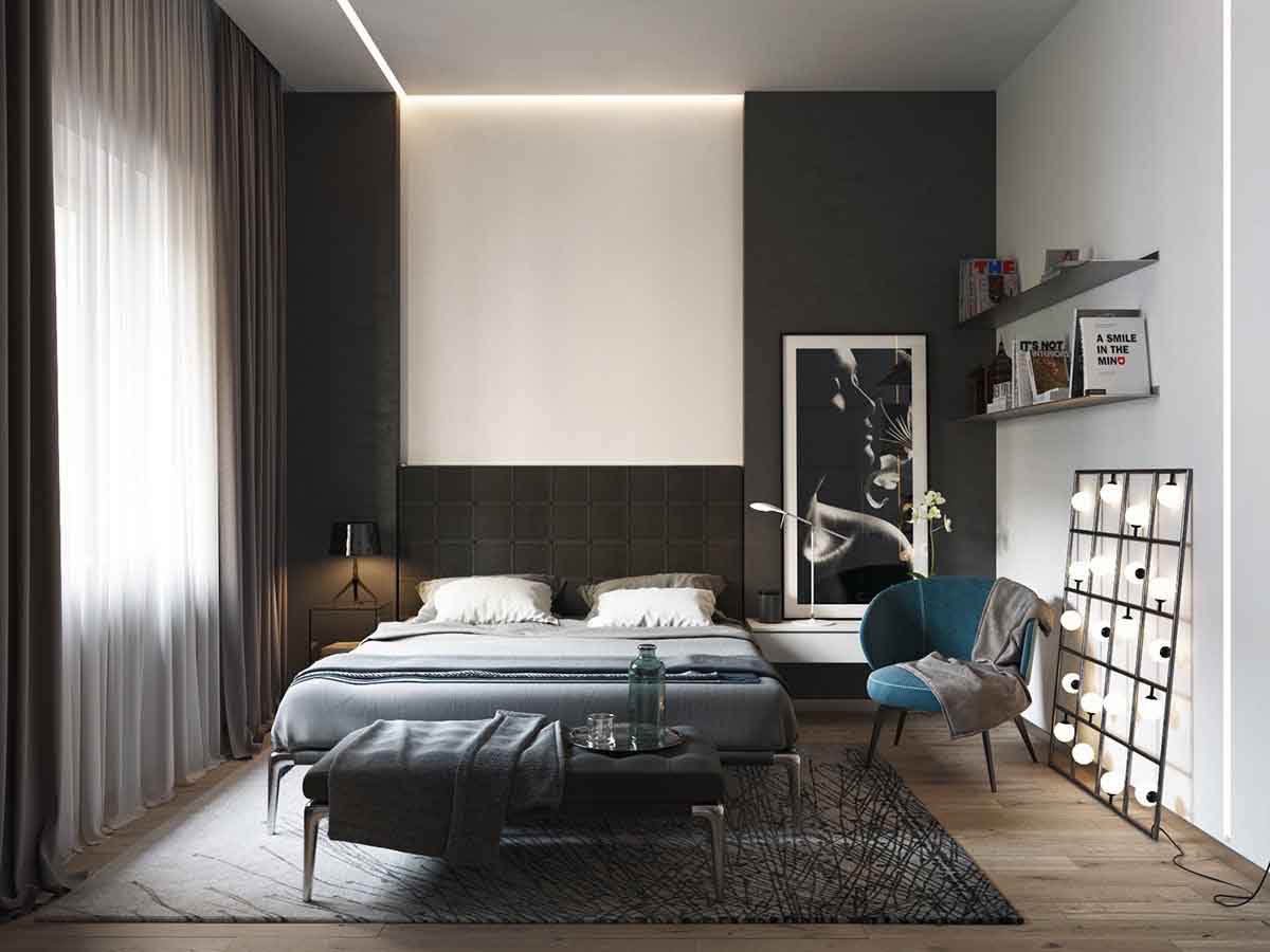دکوراسیون سفید مشکی اتاق خواب مدرن با دیوار تاکیدی مشکی و تخت خواب فلزی