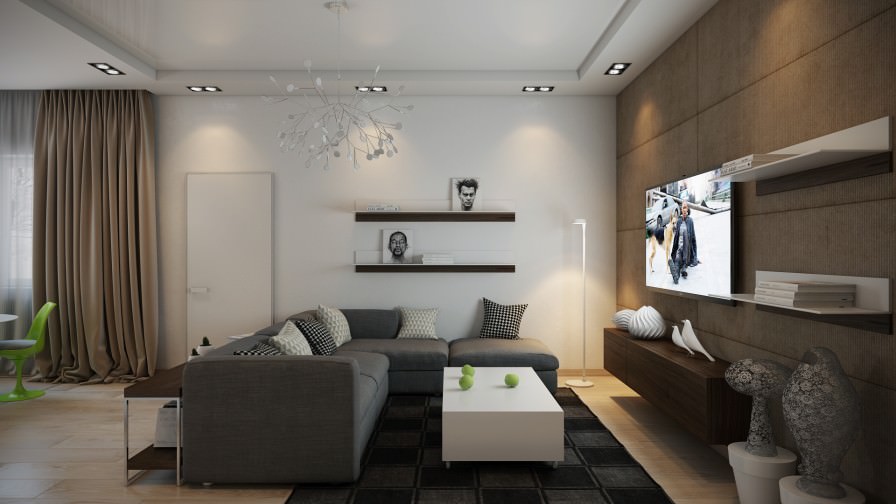 دکوراسیون سفید و قهوه ای هال و پذیرایی مدرن با دیوار پشت تلویزیون قهوه ای و فرش و مبل طوسی