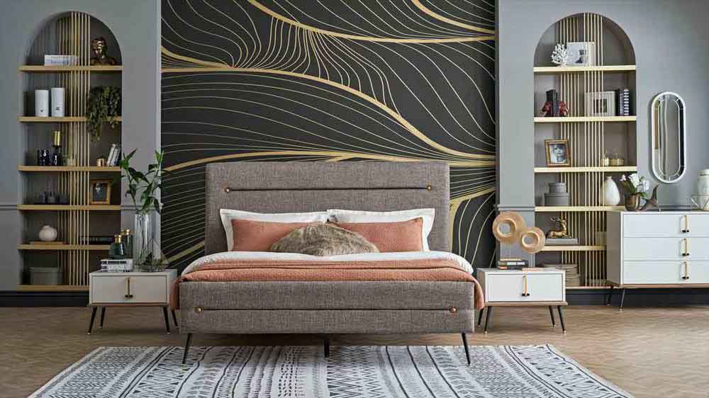 دکوراسیون طوسی طلایی اتاق خواب مدرن با کاغذ دیواری مشکی طلایی و تخت طوسی و روتختی صورتی