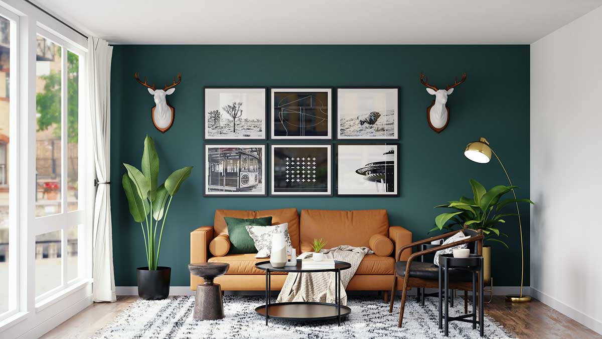 دکوراسیون سبز و قهوه ای هال و پذیرایی مدرن با دیوار تاکیدی سبز تیره و مبل چرمی قهوه ای