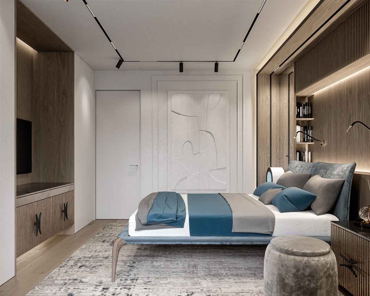 دکوراسیون قهوه ای و آبی اتاق خواب مدرن با دیوار تاکیدی چوبی قهوه ای تیره و تخت و روتختی آبی