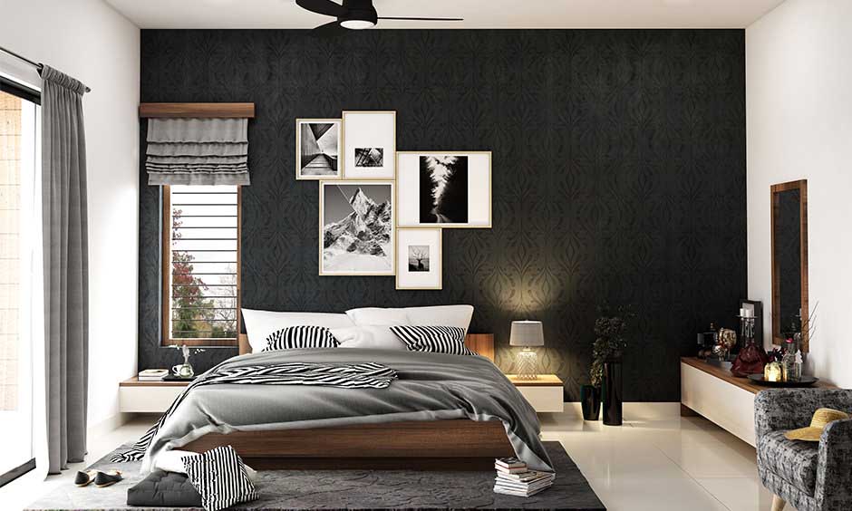دکوراسیون مشکی اتاق خواب مدرن با دیوار تاکیدی مشکی . تخت چوبی مدرن