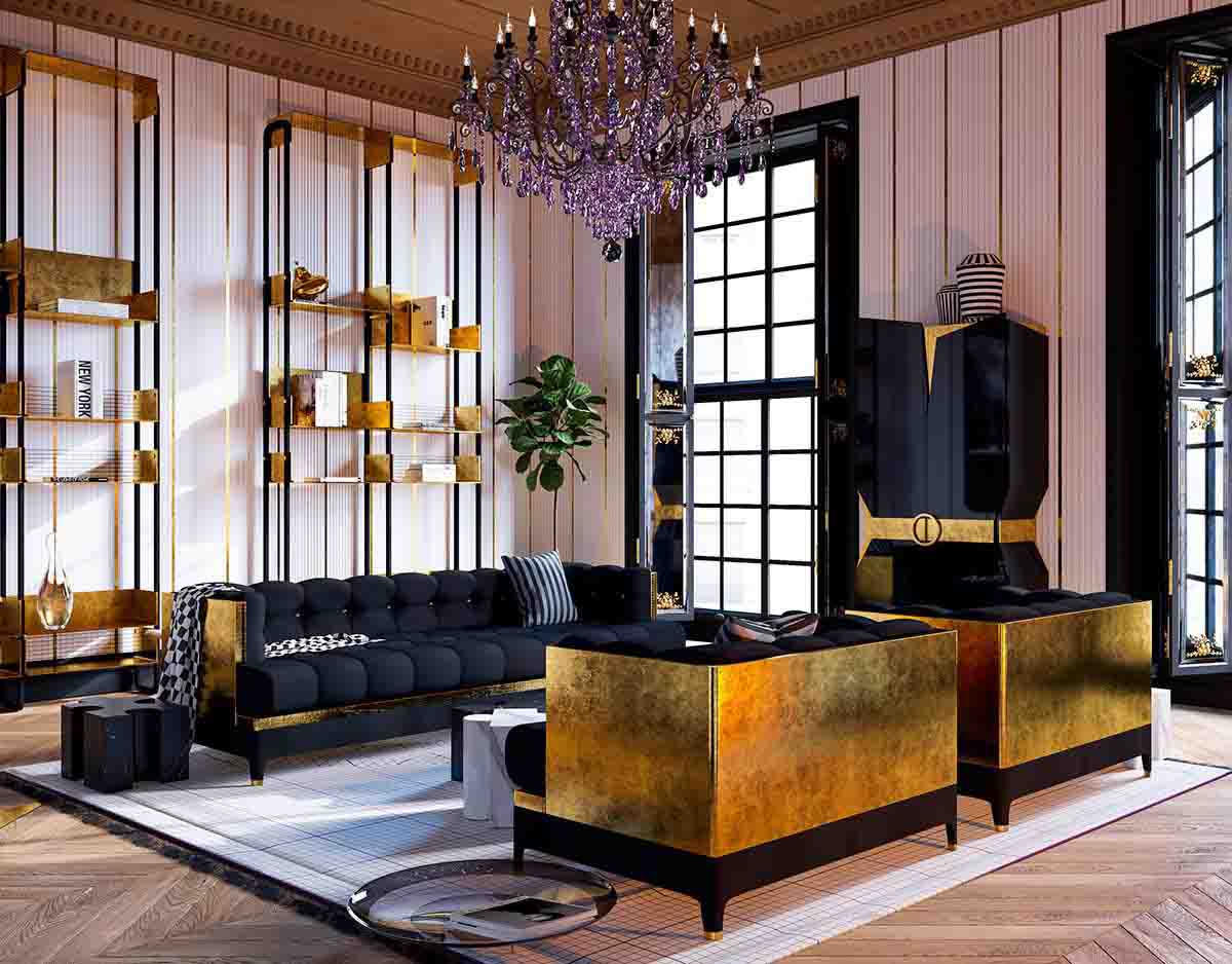دکوراسیون مشکی طلایی هال و پذیرایی بزرگ با دیوارهای صورتی و مبلمان مشکی و طلایی