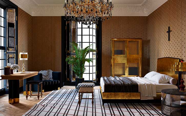 دکوراسیون مشی طلایی اتاق خواب با دیوارهای قهوه ای و مبلمان مشکی و طلایی