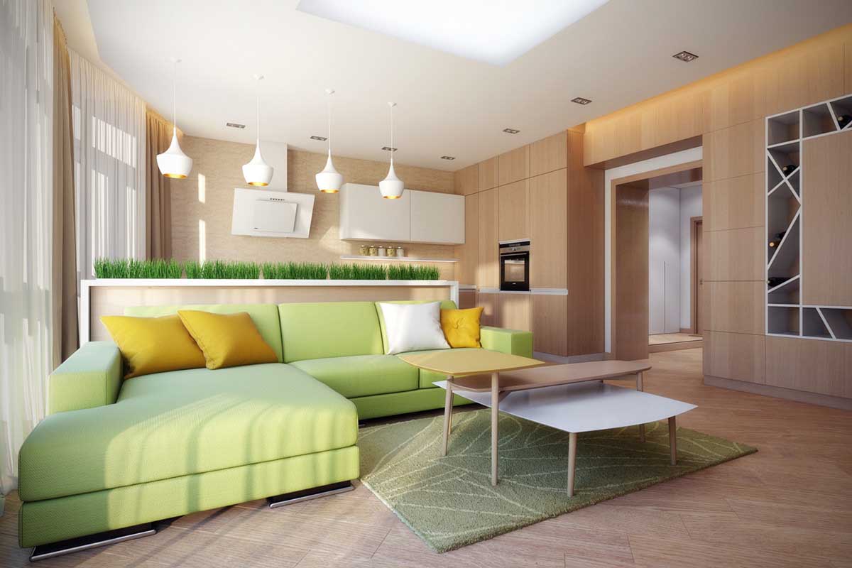 دکوراسیون سبز و قهوه ای خانه مدرن با مبل سبز لیمویی و دیوارپوش های چوبی قهوه ای