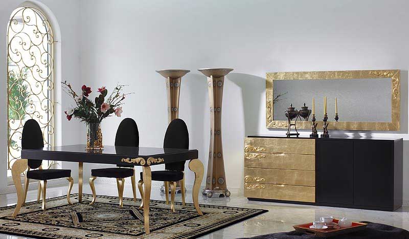 دکوراسیون مشکی طلایی ناهارخوری نئوکلاسیک با میز و صندلی و کنسول مشکی طلایی و دیوارهای سفید
