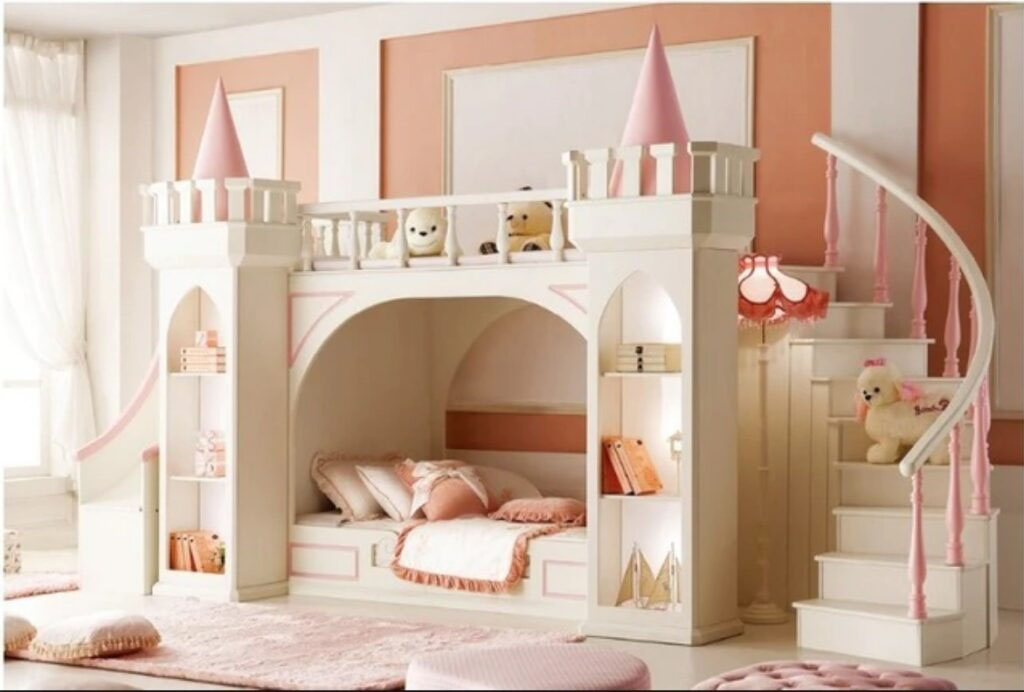 تخت دو طبقه فانتزی دخترانه به شکل قلعه سرسره دار
