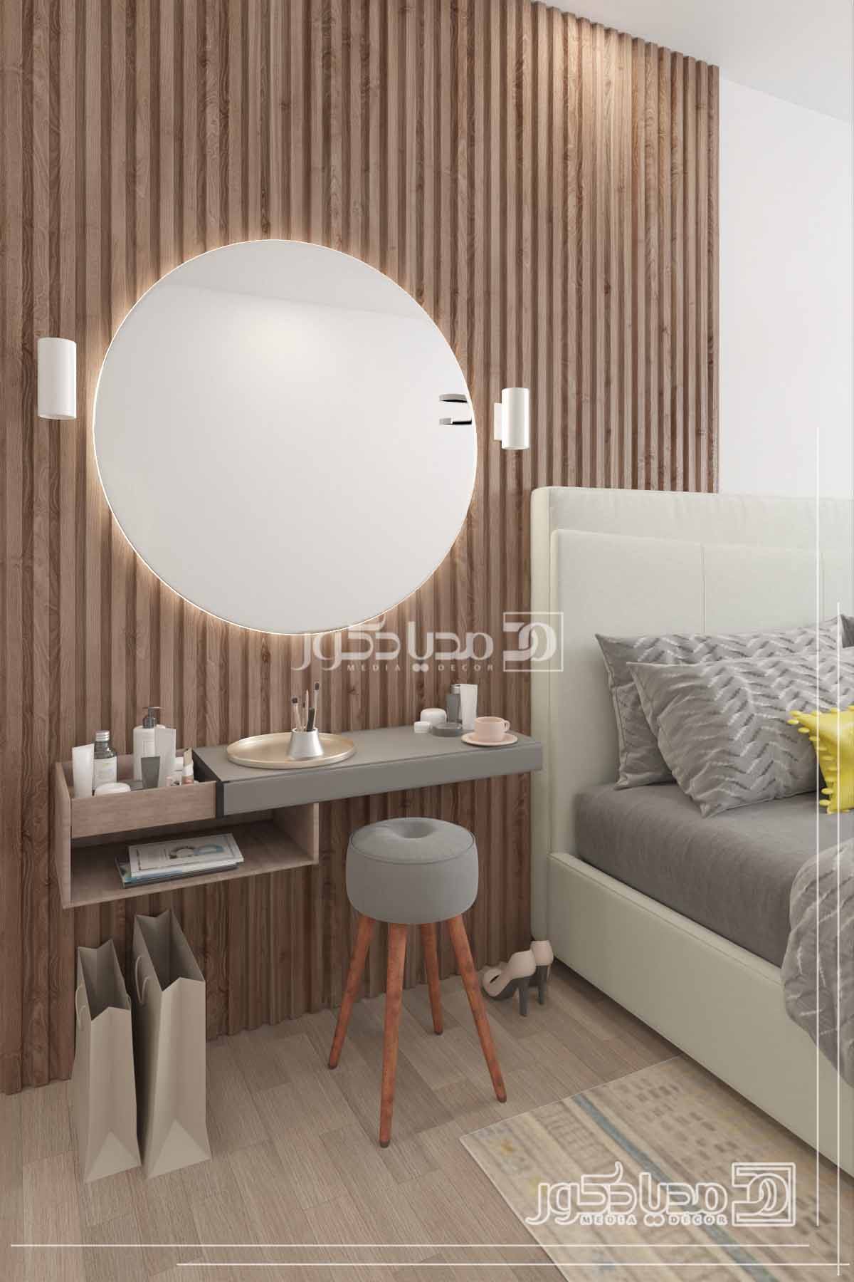 دکوراسیون اتاق خواب 12 متری ژورنالی مدرن با میز آرایش مدرن و آینه بک لایت دار دایره ای