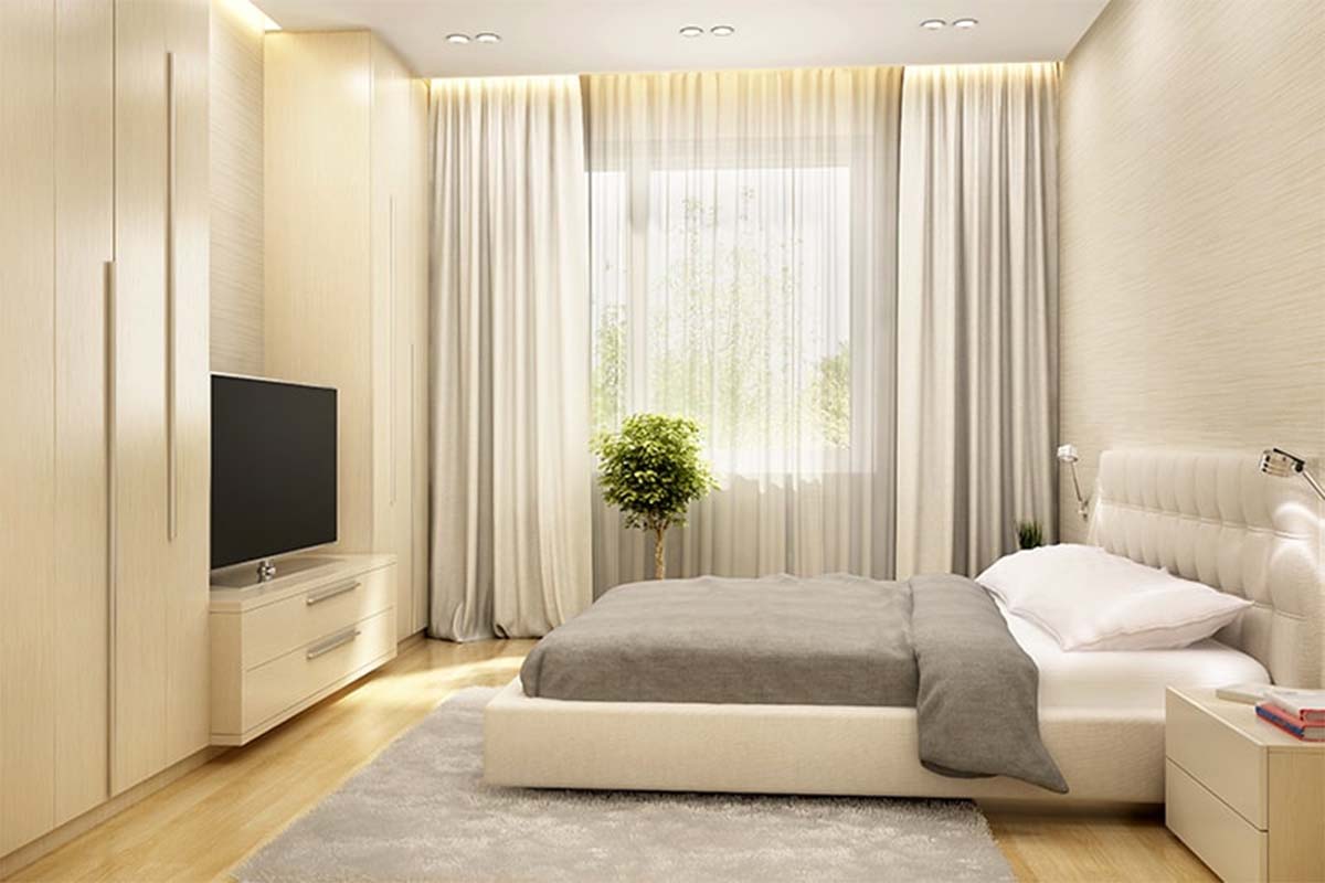 اتاق خواب مدرن سفید با تخت پارچه سفید و پرده سرتاسری