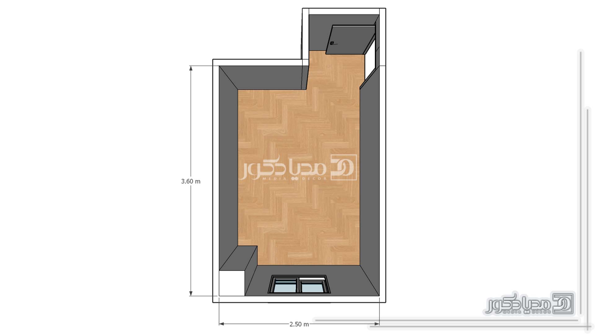 پلان اتاق خواب 9 متری با ابعاد 360 در 250 سانتیمتر