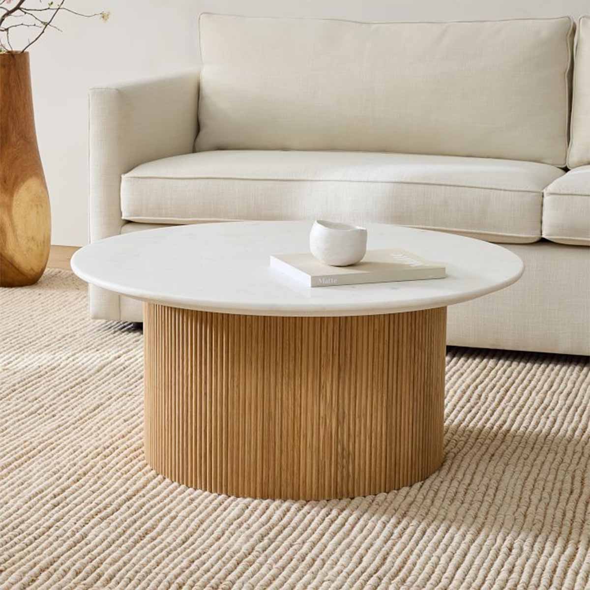 میز جلو مبلی جدید دایره ای چوبی سنگی با طرح پایه فلوتی