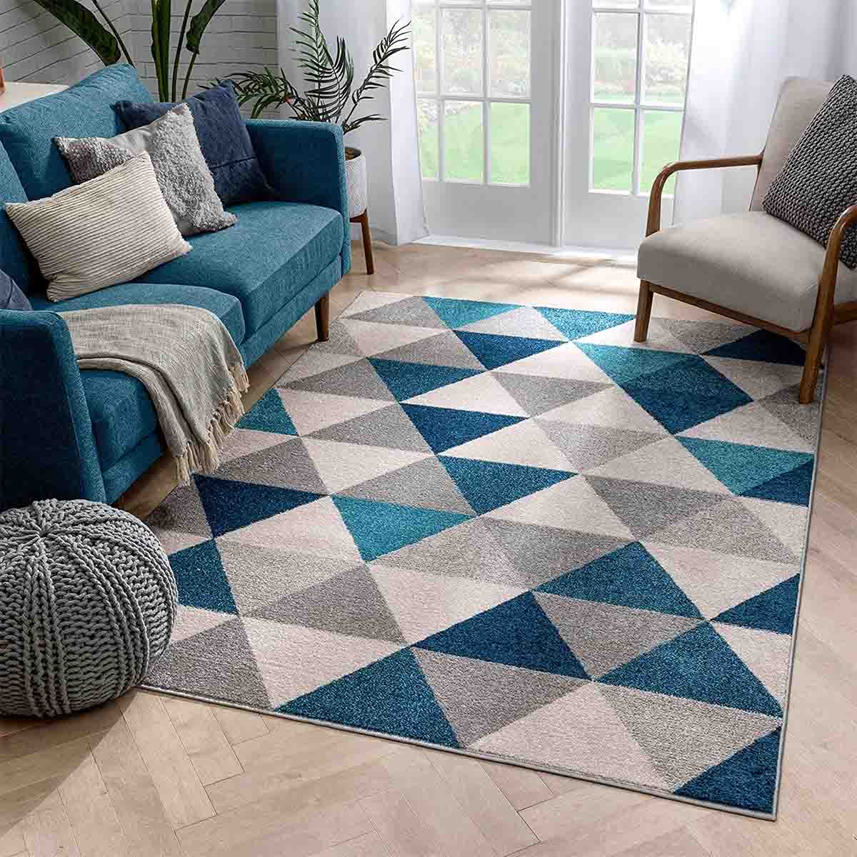 فرش مدرن و مینیمال طرح هندسی مثلثی آبی طوسی