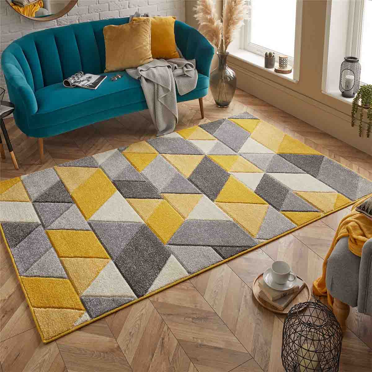 فرش مدرن و مینیمال طرح هندسی مثلثی زرد طوسی