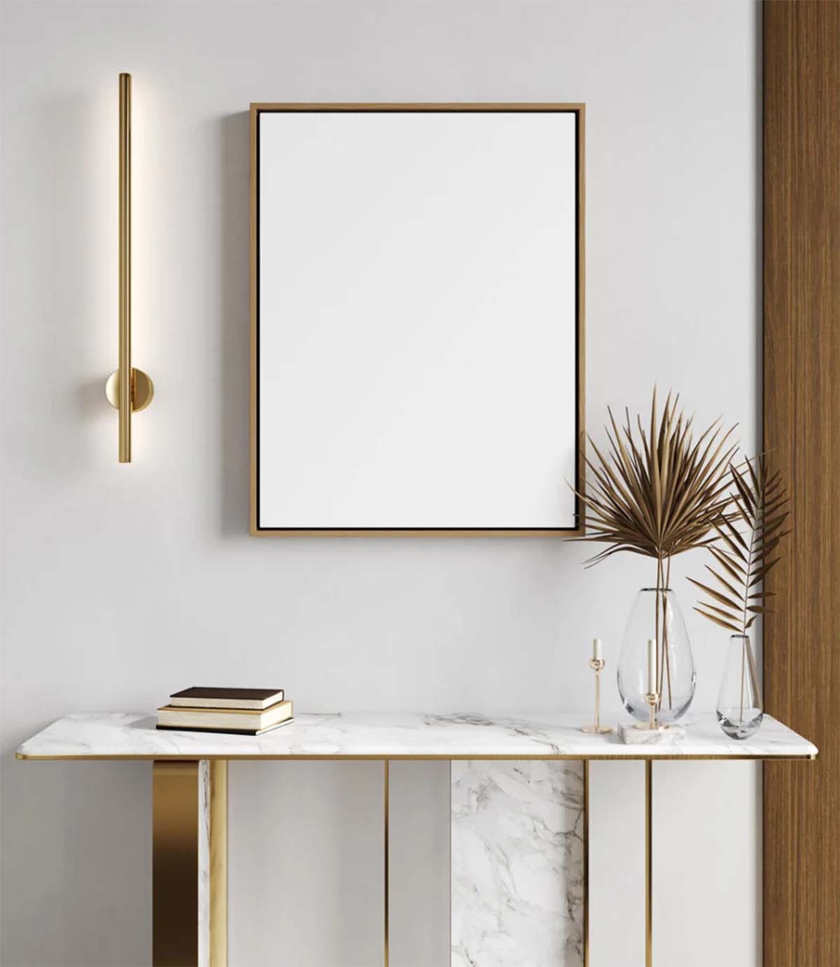 آینه کنسول مدرن طلایی سفید با طرح سنگ مرمر سفید و جزئیات طلایی